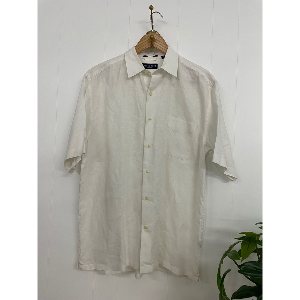 Austin Reed London Mens White 100% Linen Short Sleeve Button Down Shirt Size M